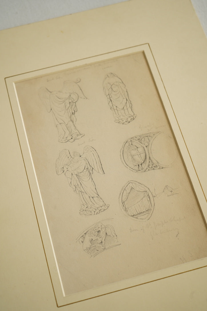 19th-Century Architectural Drawing Attributed to Henry Shaw | Angelic Figures & Glastonbury Chapel Ornament