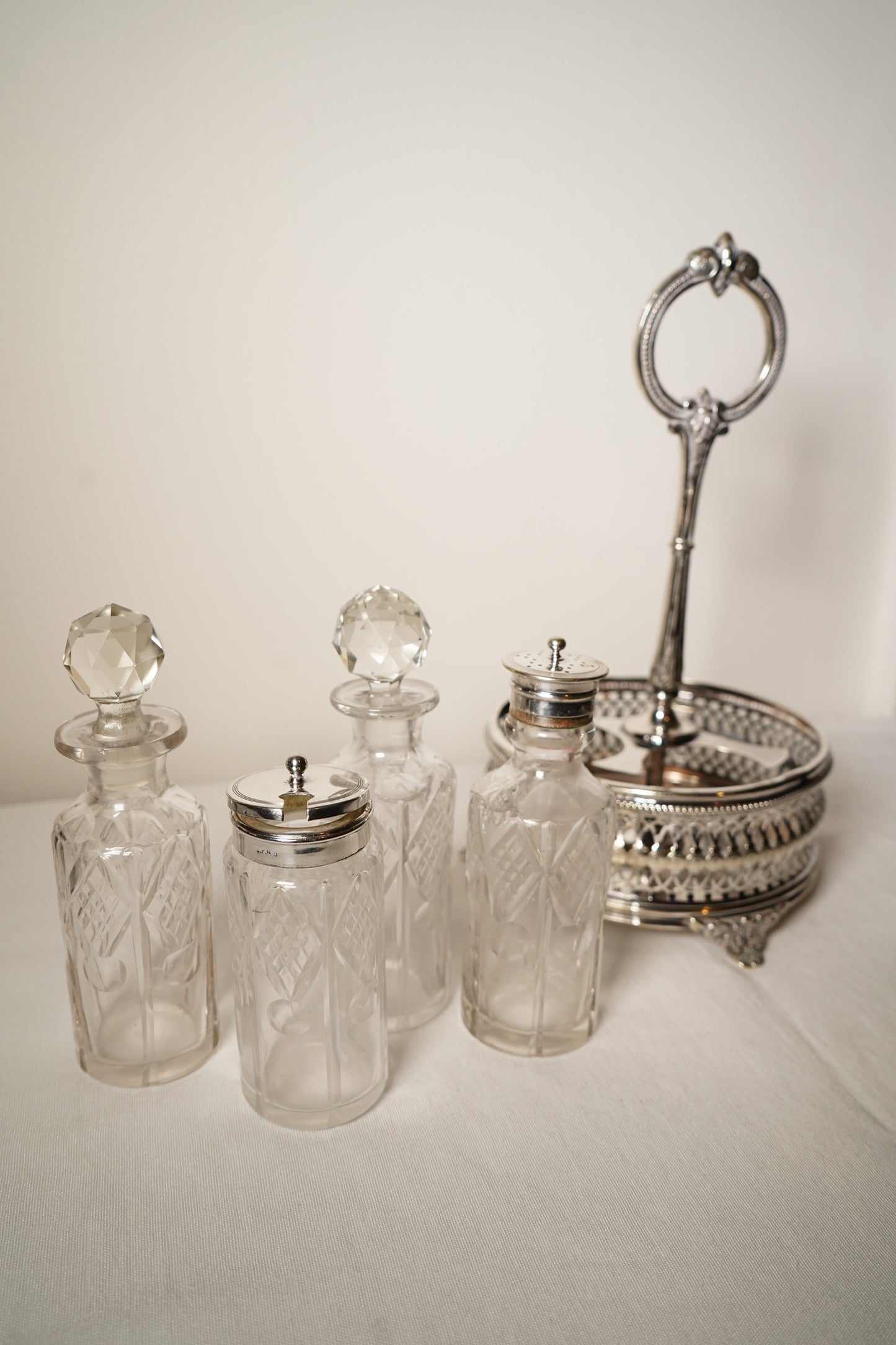 Antique Victorian Silver Plated Cruet Set with Four Cut Glass Bottles, English, c. 1880–1910