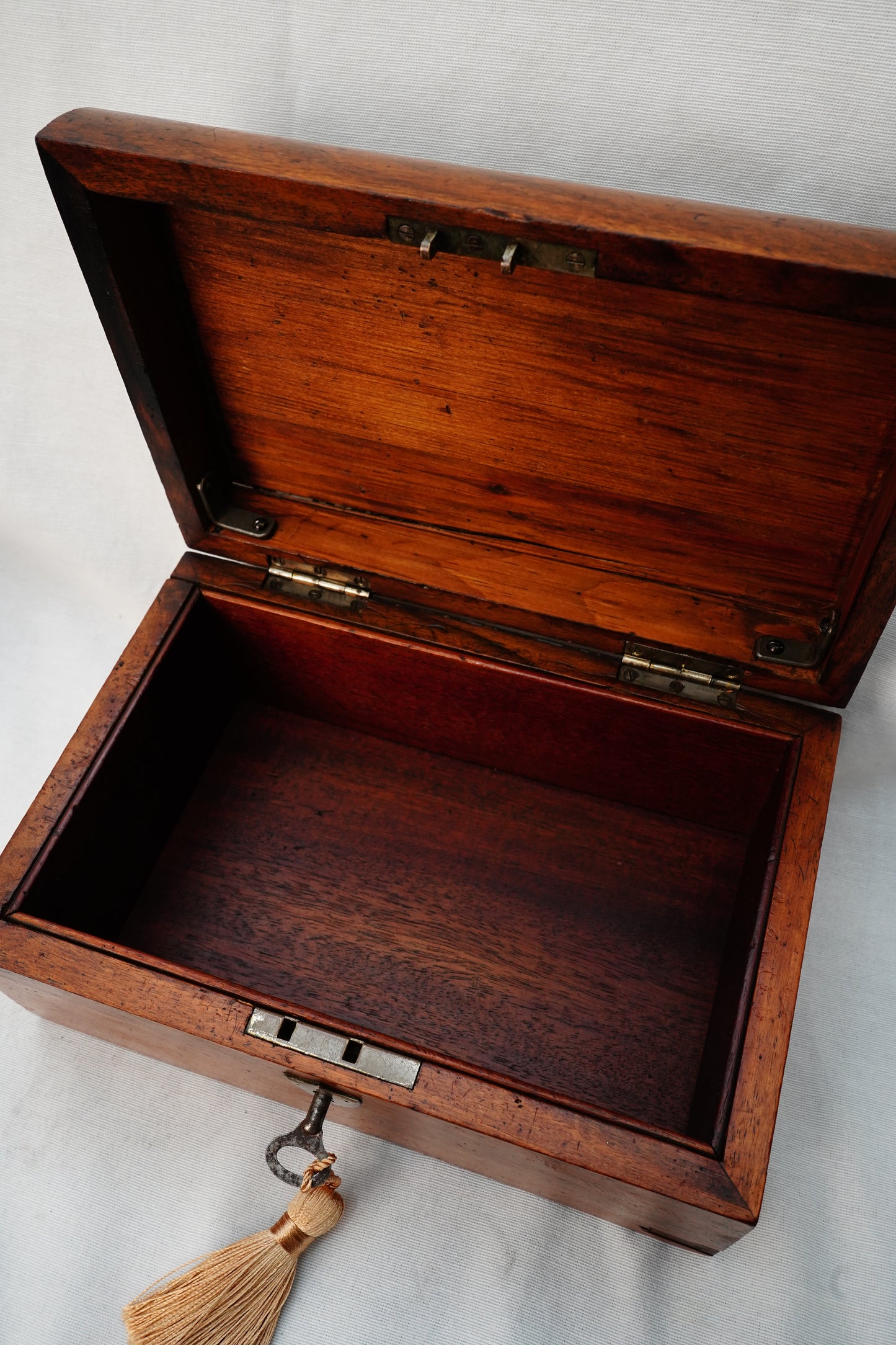 Antique English Dome-Top Walnut Veneer Jewelry or Stationery Box with Key, c. 1880–1910