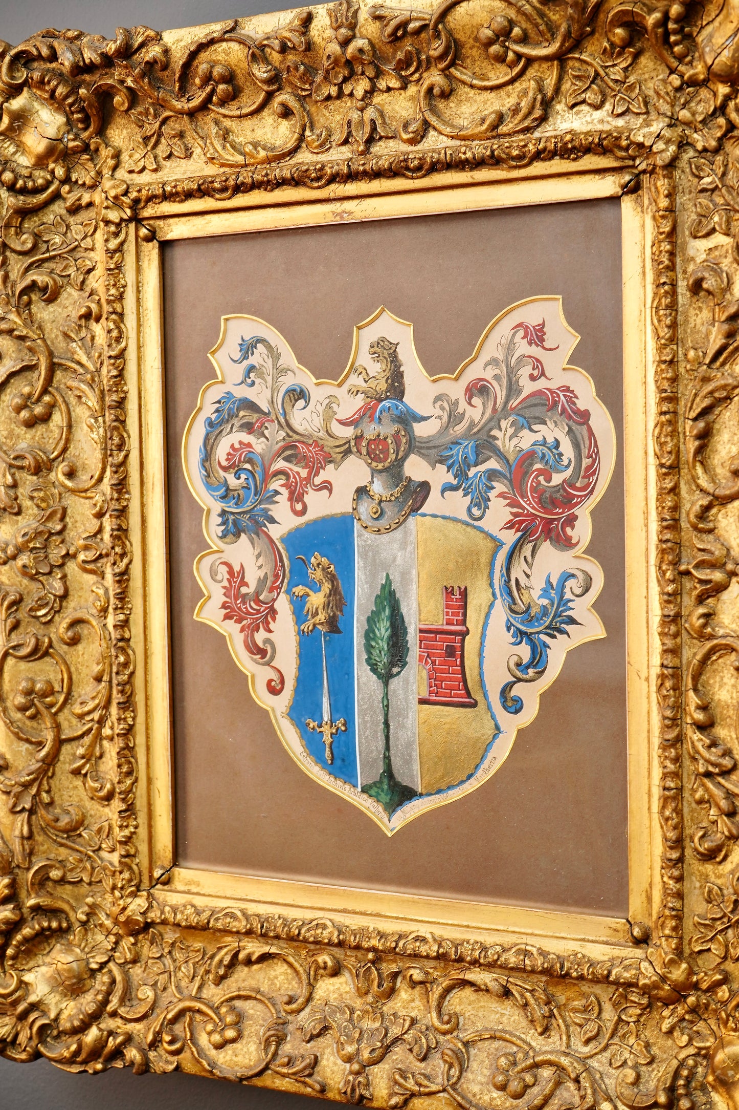Antique 19th Century Heraldic Coat of Arms in Ornate Gilt Frame