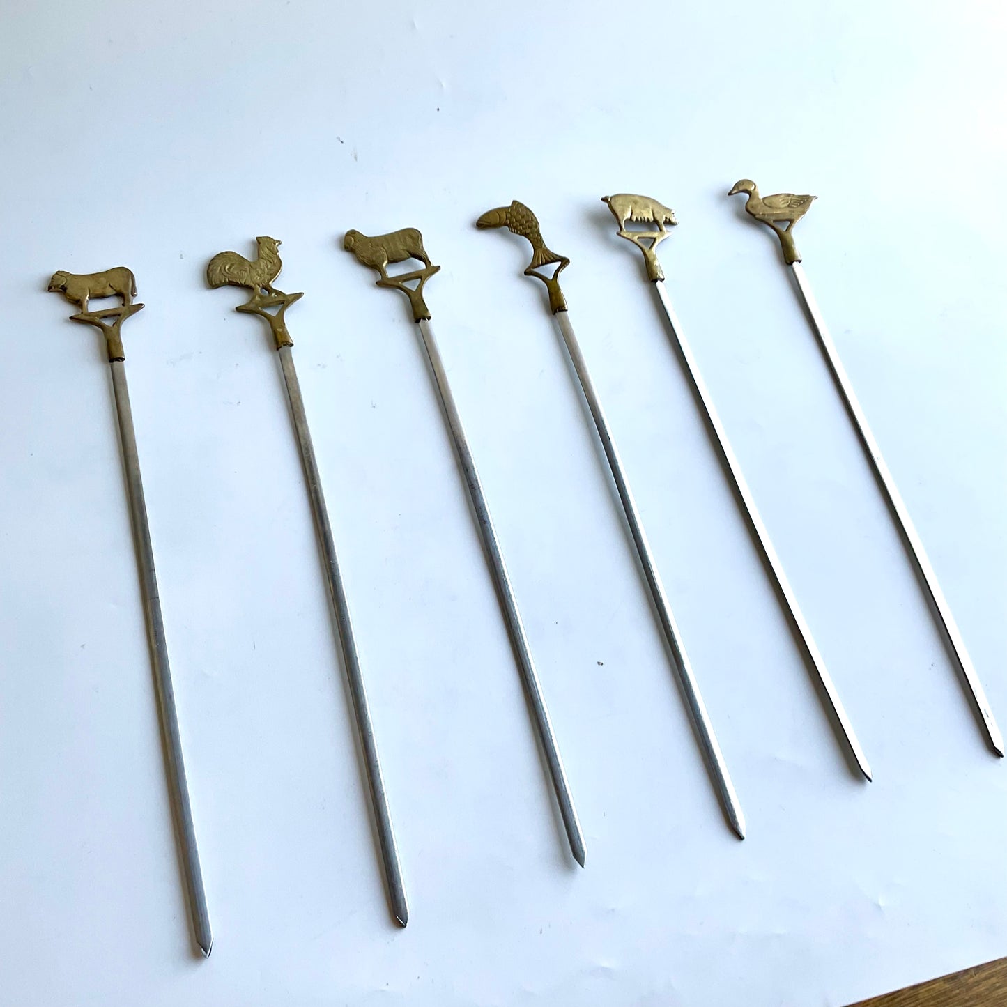 Mid-Century Brass Animal Meat Markers – Set of 6 Carving Skewers