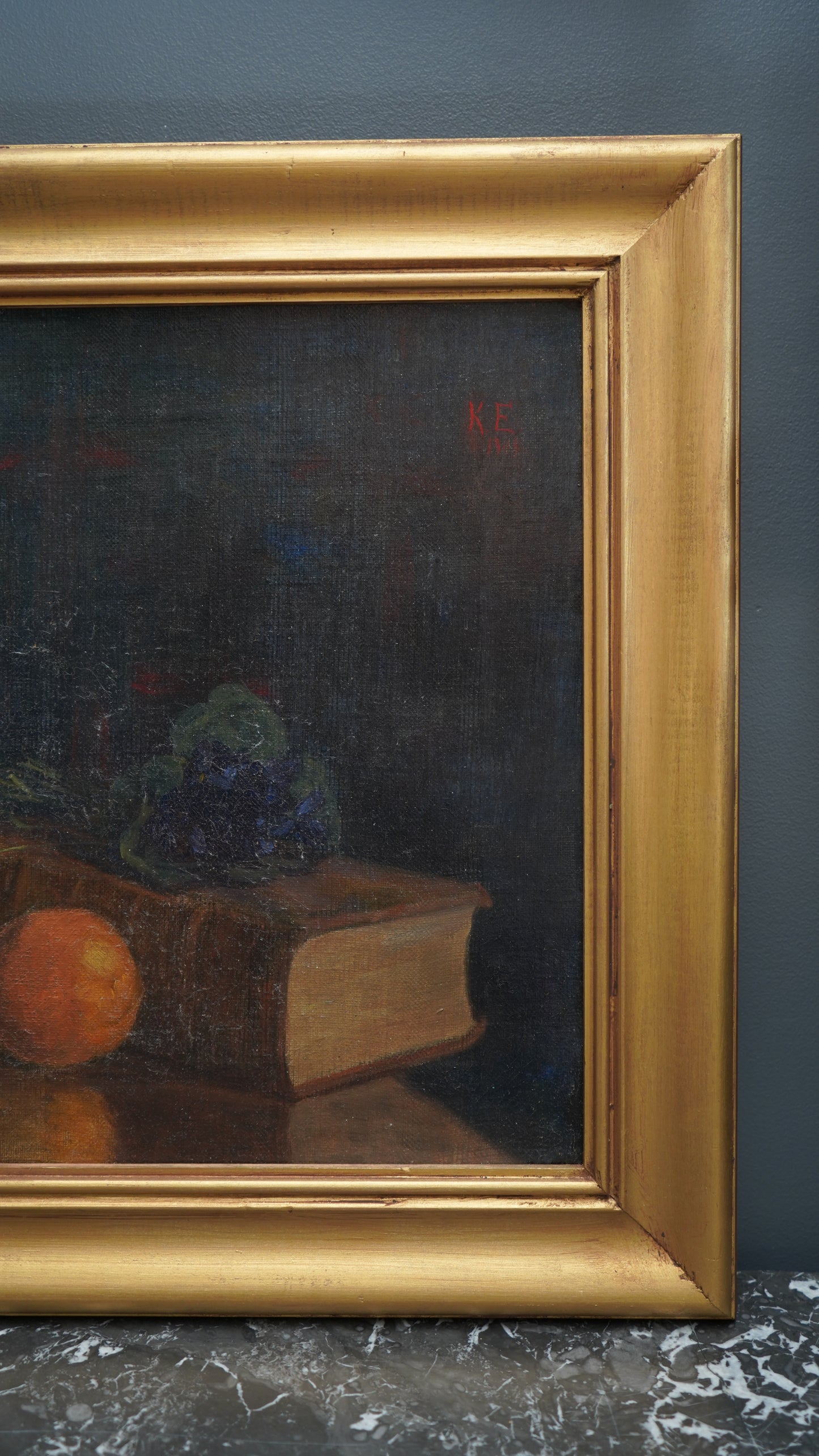 Antique 1905 Oil Painting Still Life with Fruit, Book & Earthenware Jar | Signed K.E.