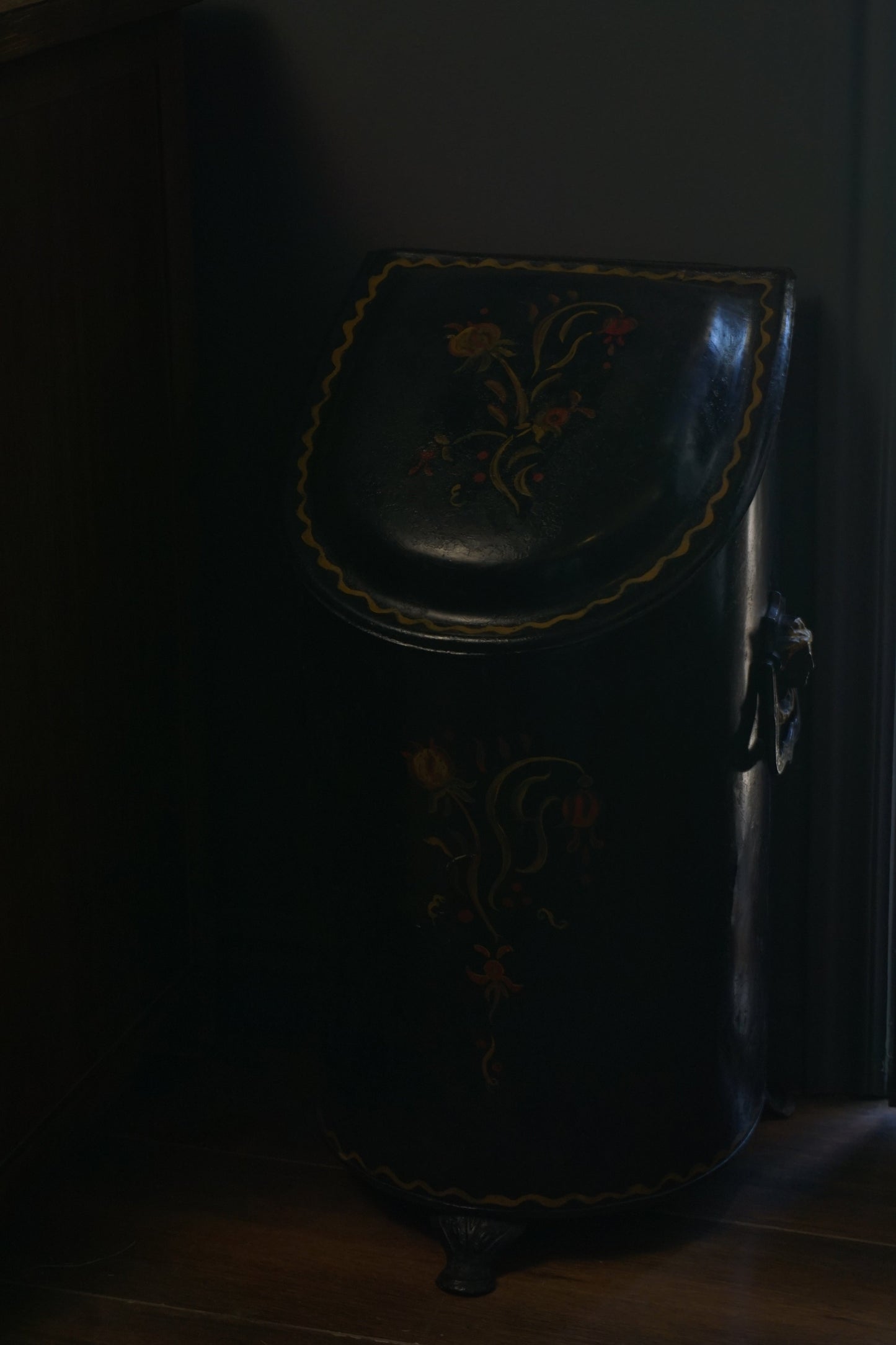 Antique European Hand‑Painted Tole Coal Scuttle | Victorian Fireplace Bucket, c.1880
