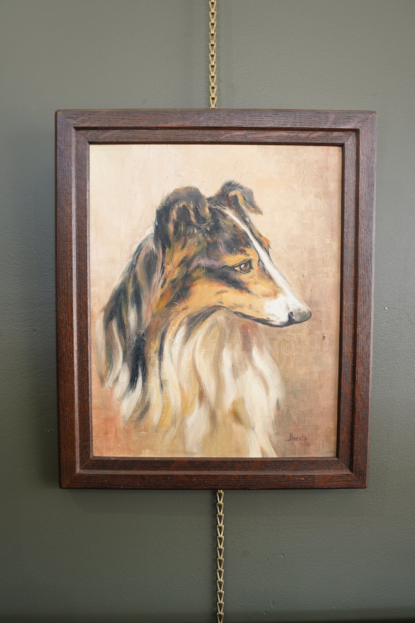 Vintage Signed Collie Dog Oil Painting, Dated 1936