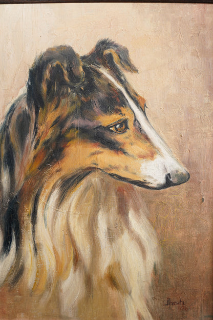 Vintage Signed Collie Dog Oil Painting, Dated 1936