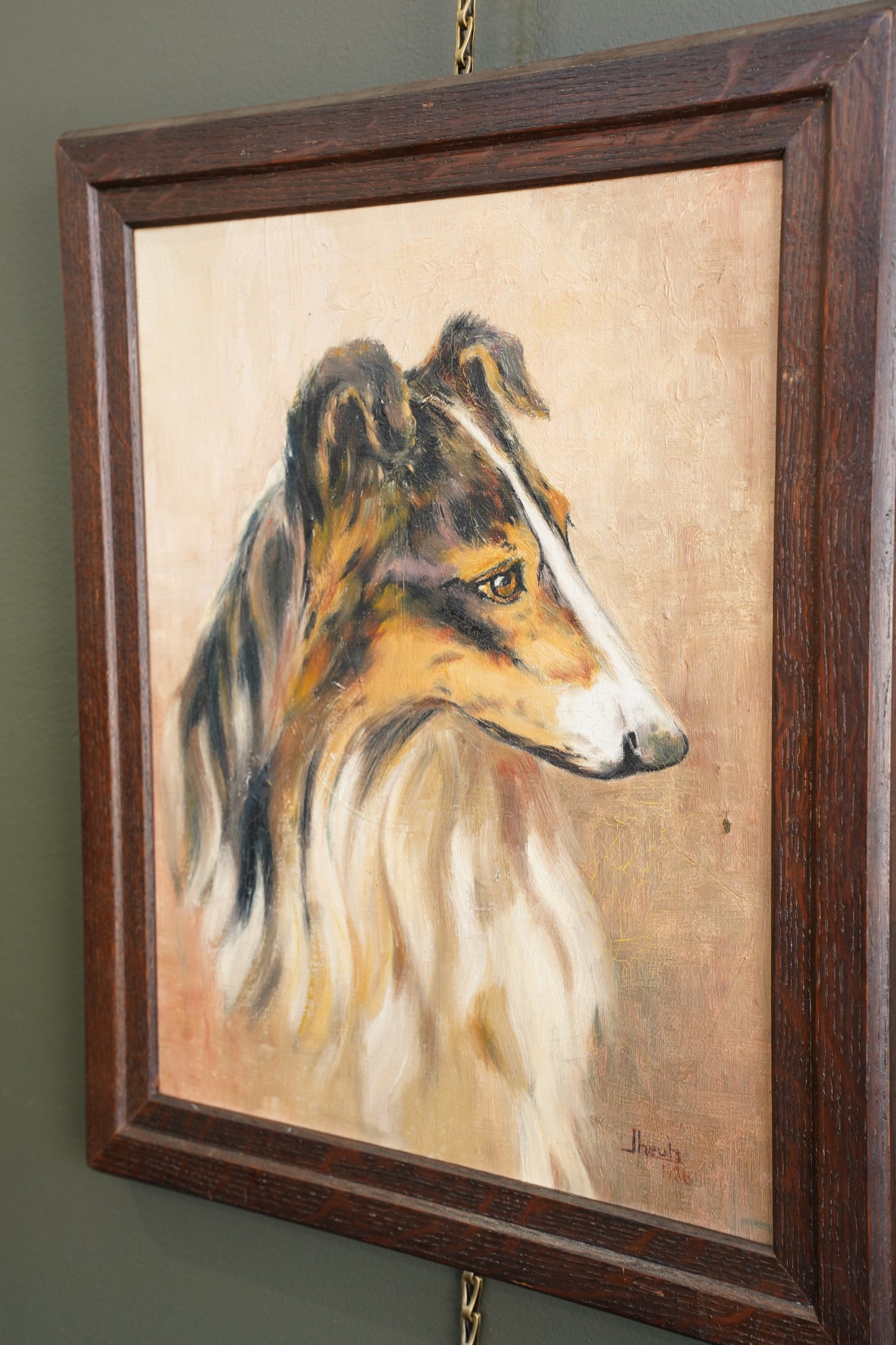 Vintage Signed Collie Dog Oil Painting, Dated 1936