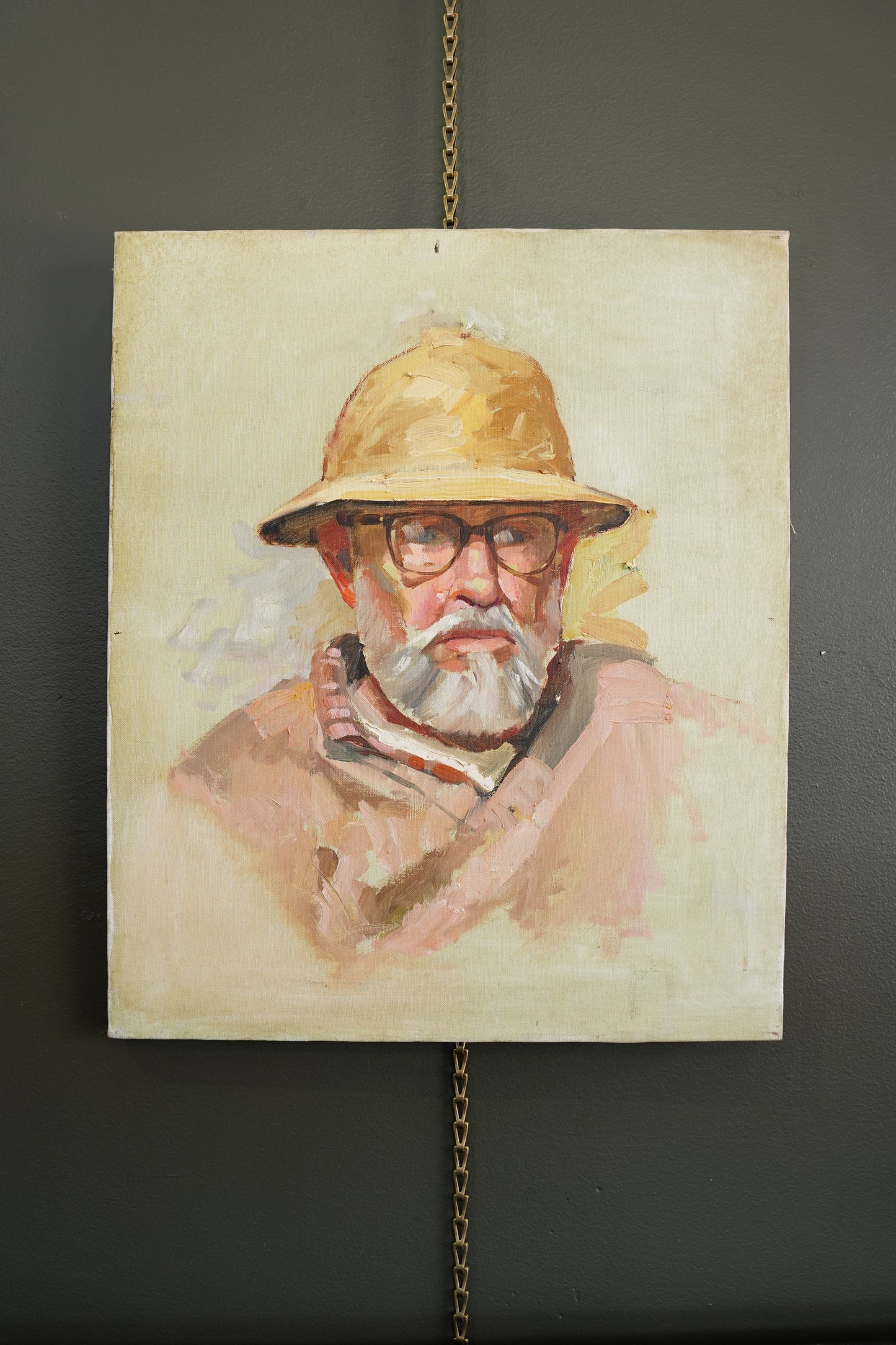 Contemporary Oil Portrait Painting, Man in Safari Hat, Unsigned