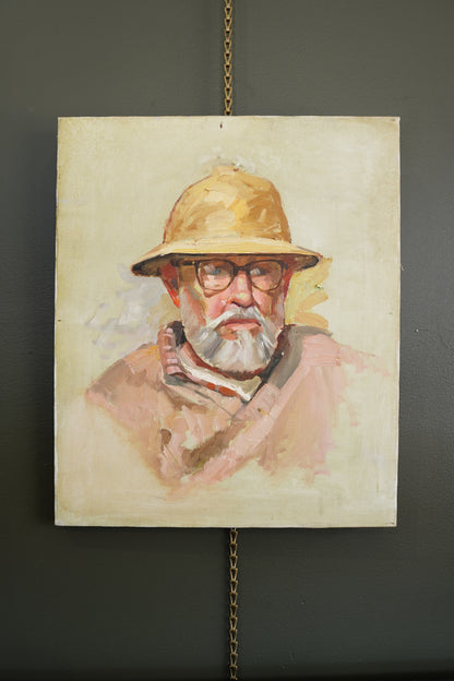 Contemporary Oil Portrait Painting, Man in Safari Hat, Unsigned