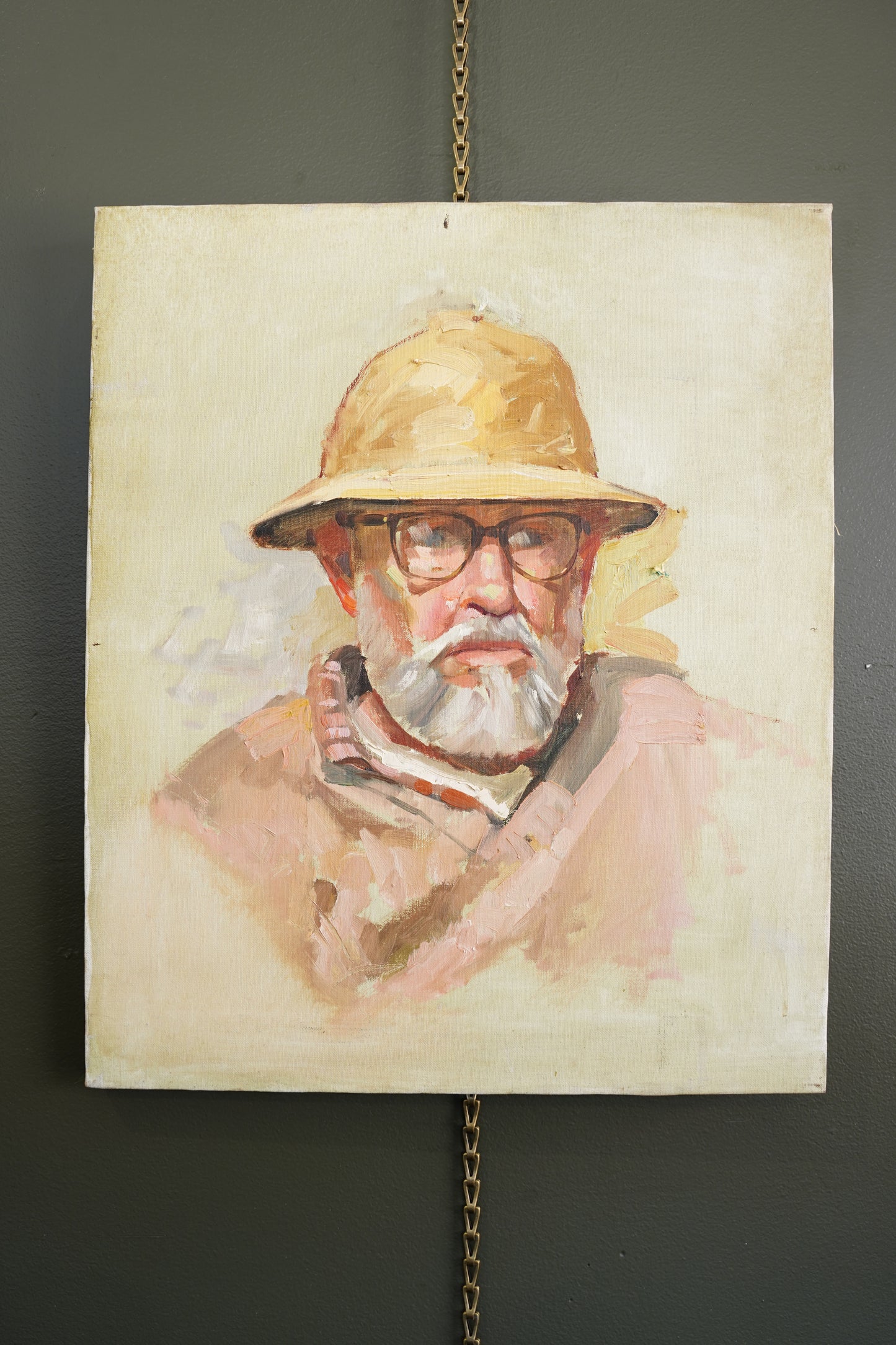 Contemporary Oil Portrait Painting, Man in Safari Hat, Unsigned