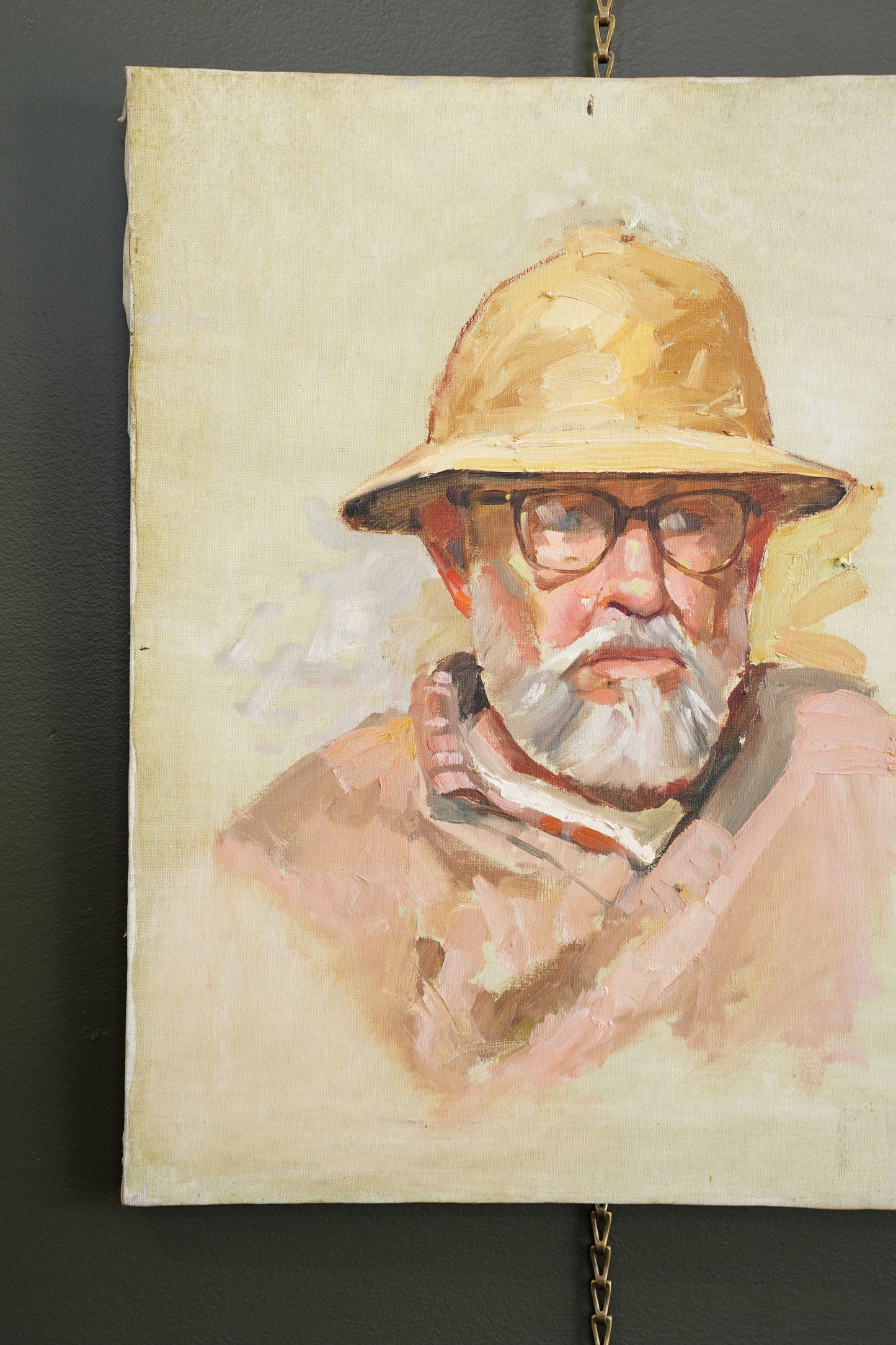Contemporary Oil Portrait Painting, Man in Safari Hat, Unsigned