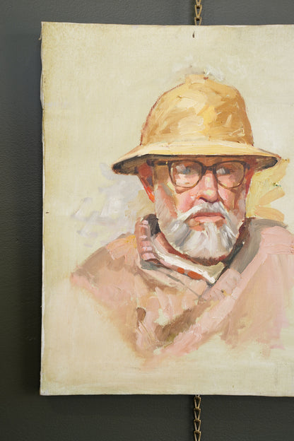 Contemporary Oil Portrait Painting, Man in Safari Hat, Unsigned