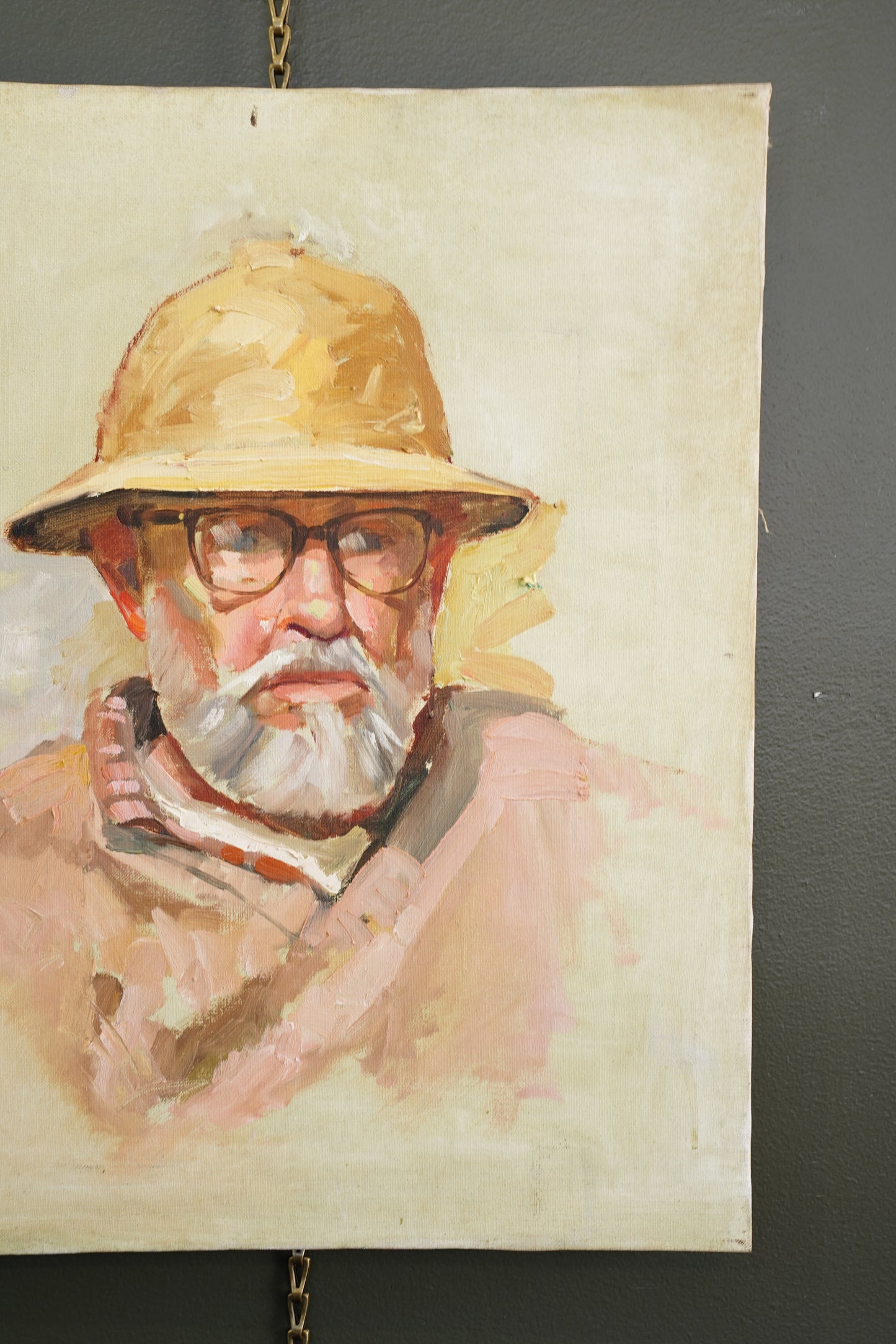 Contemporary Oil Portrait Painting, Man in Safari Hat, Unsigned