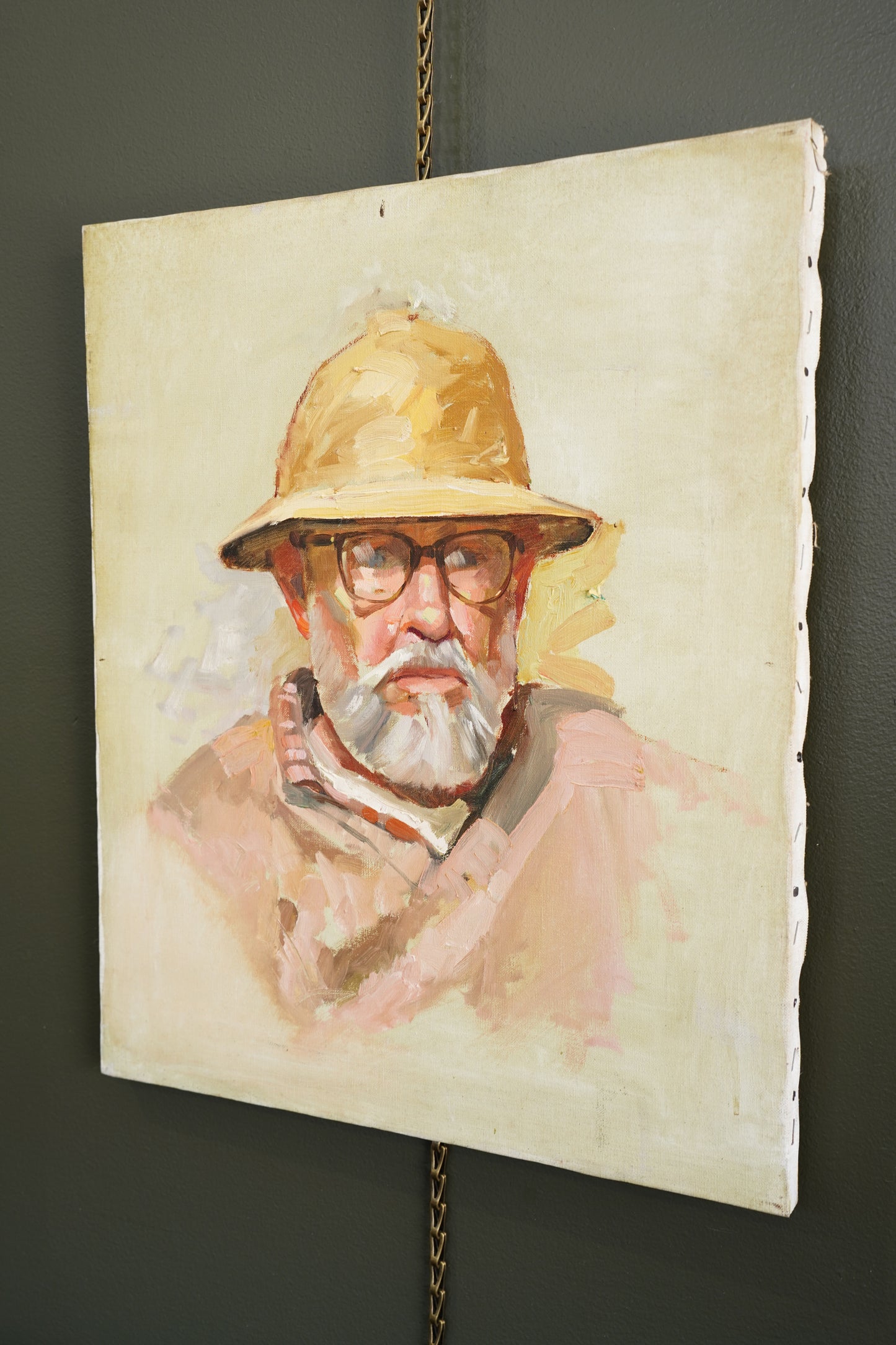 Contemporary Oil Portrait Painting, Man in Safari Hat, Unsigned