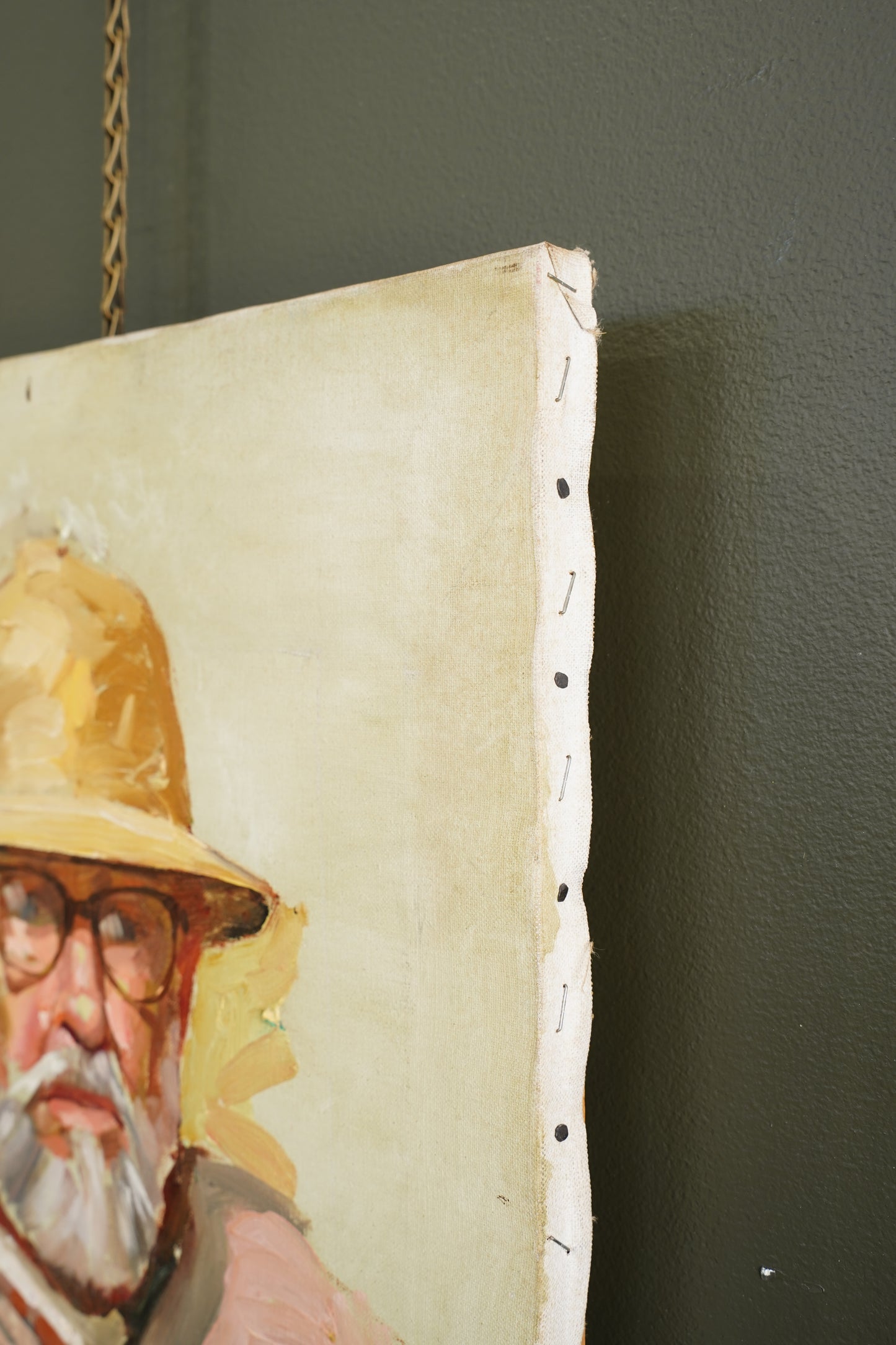 Contemporary Oil Portrait Painting, Man in Safari Hat, Unsigned