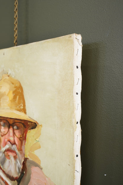 Contemporary Oil Portrait Painting, Man in Safari Hat, Unsigned