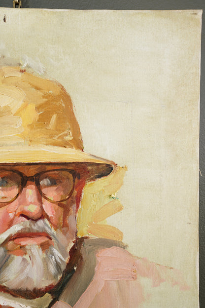 Contemporary Oil Portrait Painting, Man in Safari Hat, Unsigned