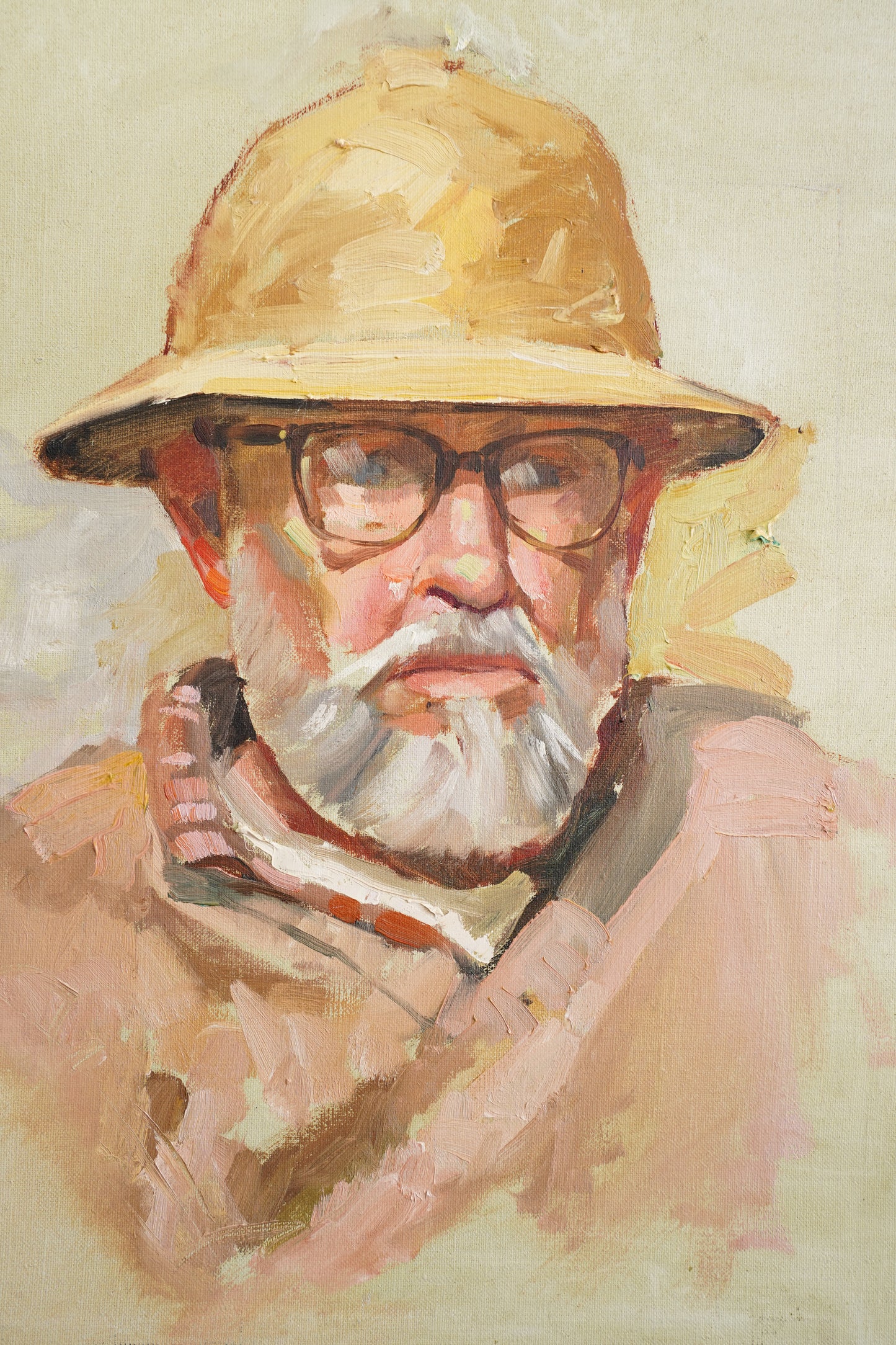Contemporary Oil Portrait Painting, Man in Safari Hat, Unsigned