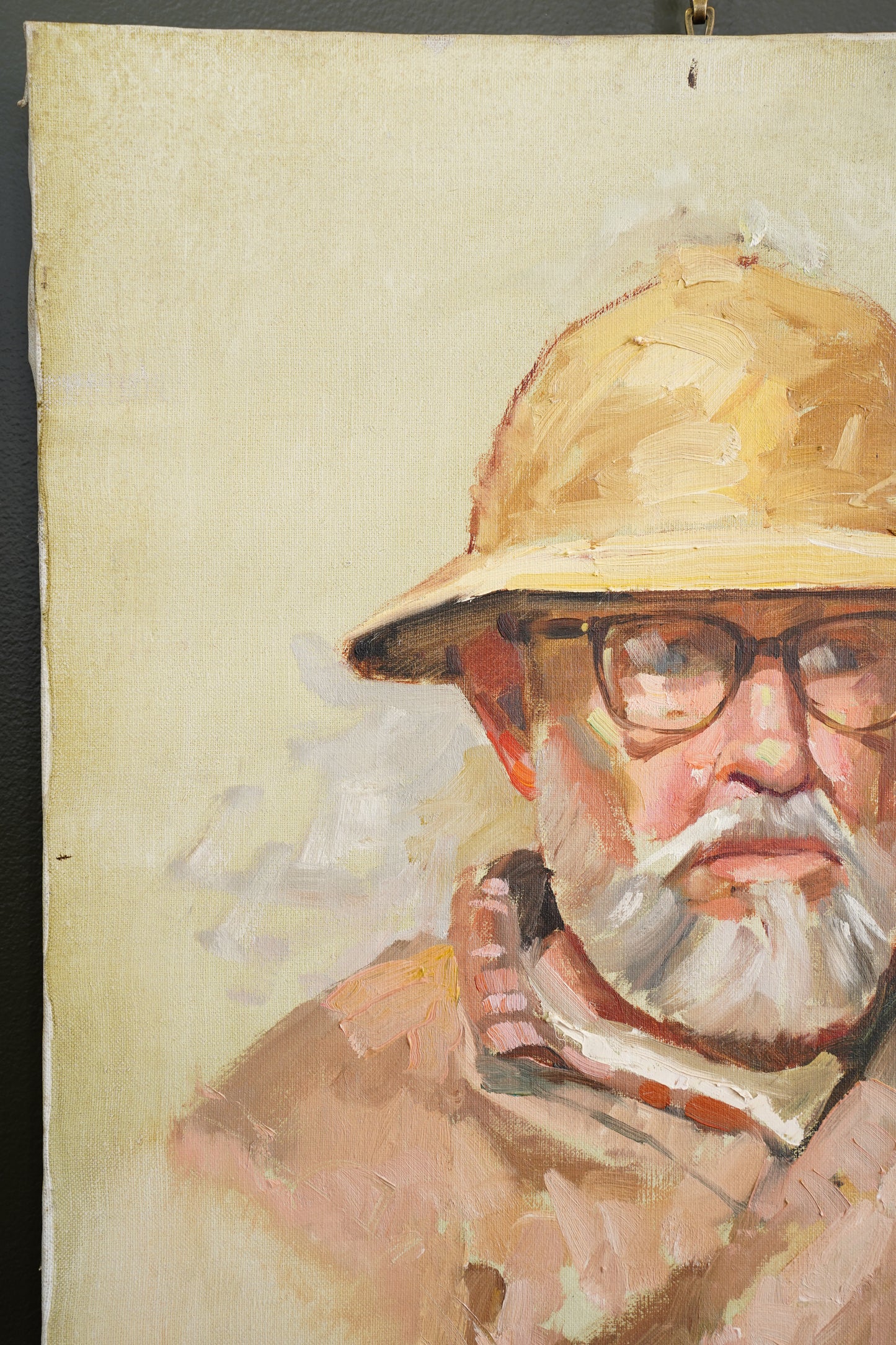 Contemporary Oil Portrait Painting, Man in Safari Hat, Unsigned