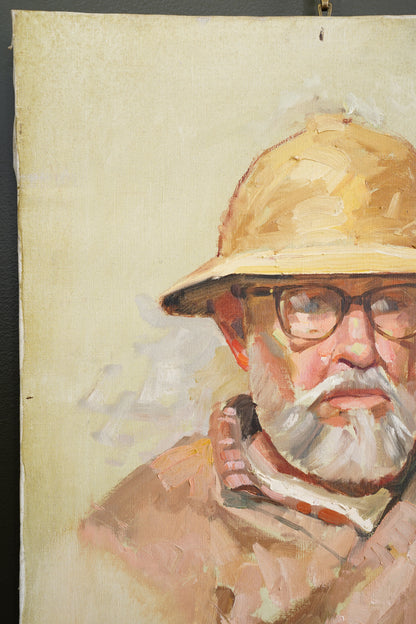 Contemporary Oil Portrait Painting, Man in Safari Hat, Unsigned