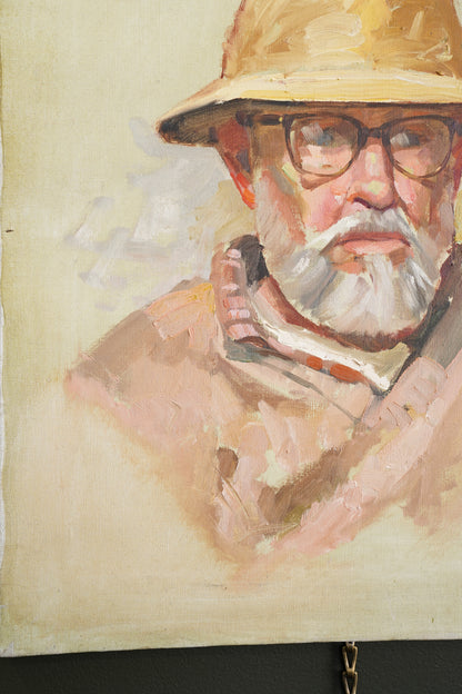 Contemporary Oil Portrait Painting, Man in Safari Hat, Unsigned
