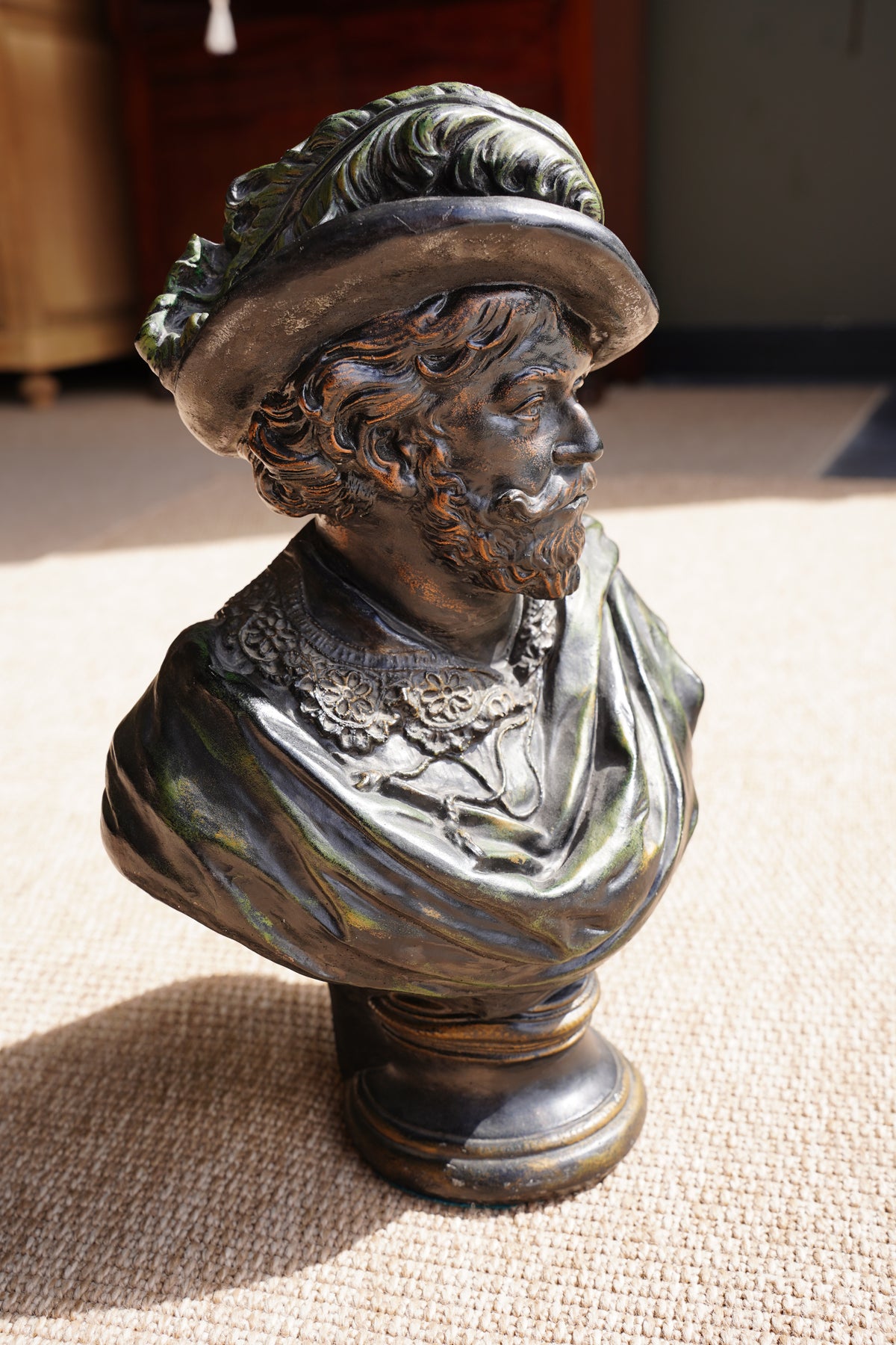 Vintage French Cavalier Bust, Bronze-Effect Plaster Sculpture