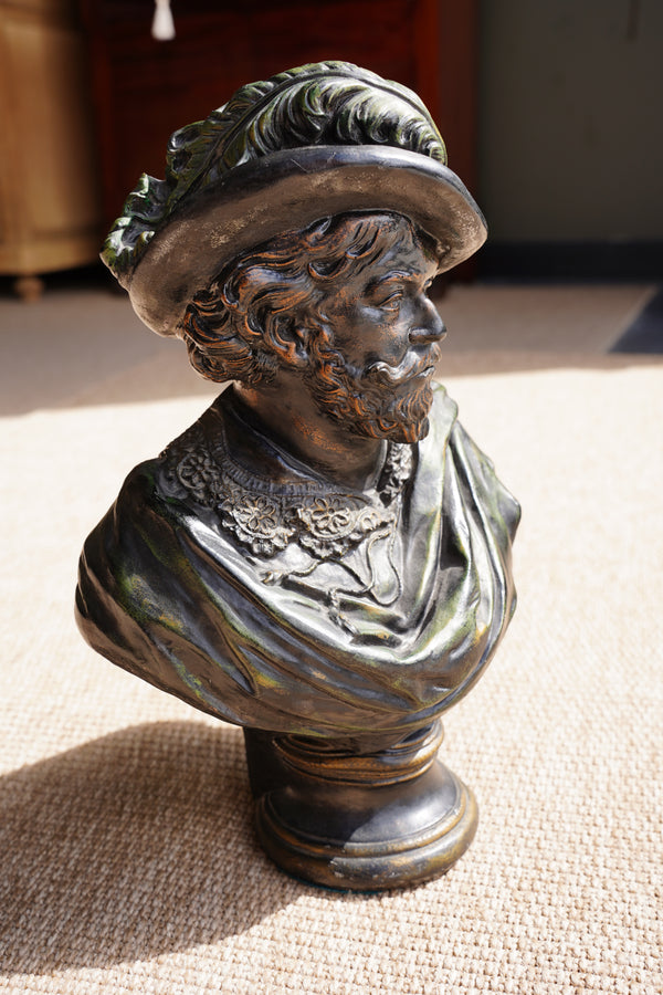 Vintage French Cavalier Bust, Bronze-Effect Plaster Sculpture secondary view