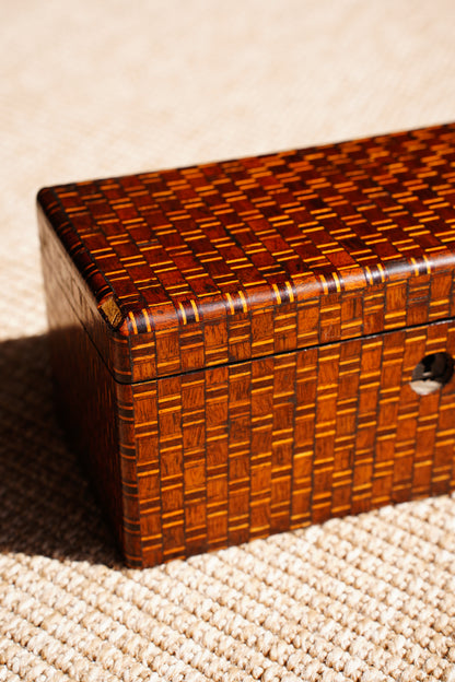 Antique Inlaid Wood Tea Caddy with Basket Weave Pattern, Circa 1880