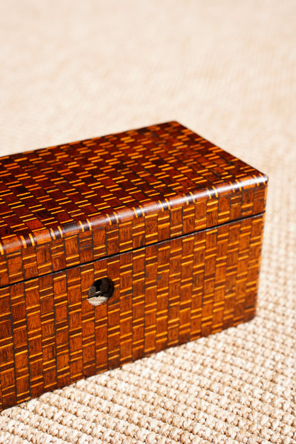 Antique Inlaid Wood Tea Caddy with Basket Weave Pattern, Circa 1880