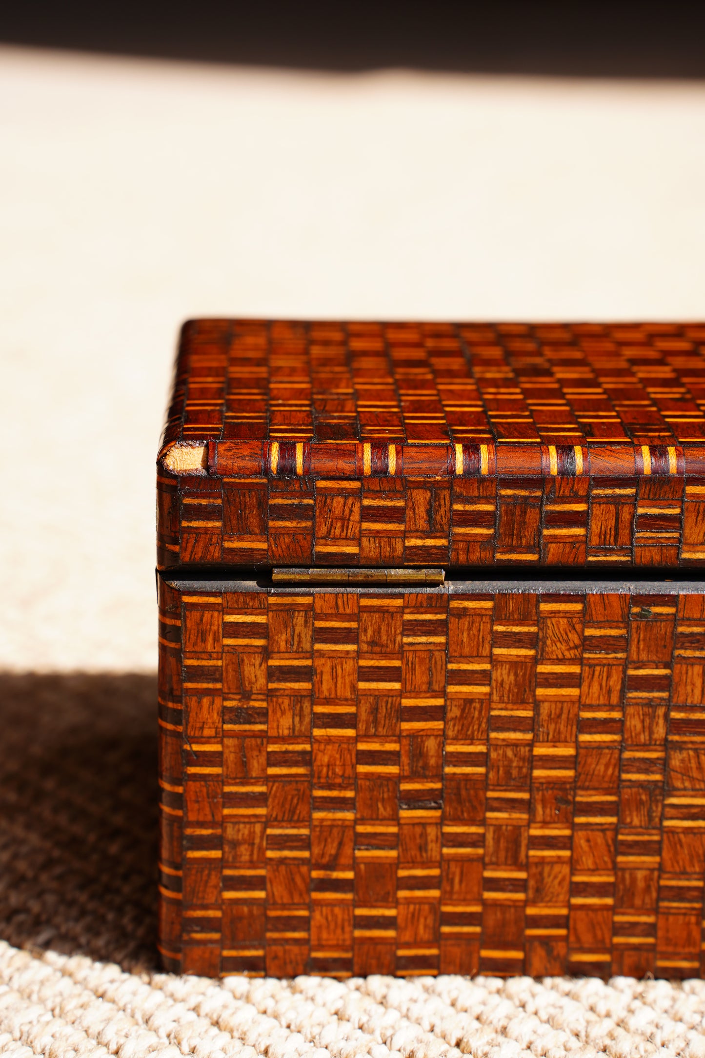 Antique Inlaid Wood Tea Caddy with Basket Weave Pattern, Circa 1880
