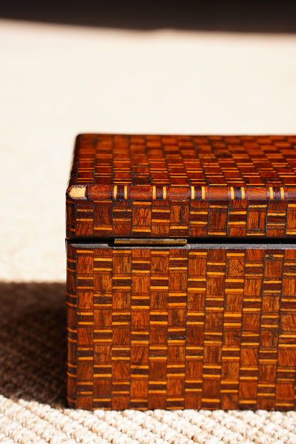 Antique Inlaid Wood Tea Caddy with Basket Weave Pattern, Circa 1880