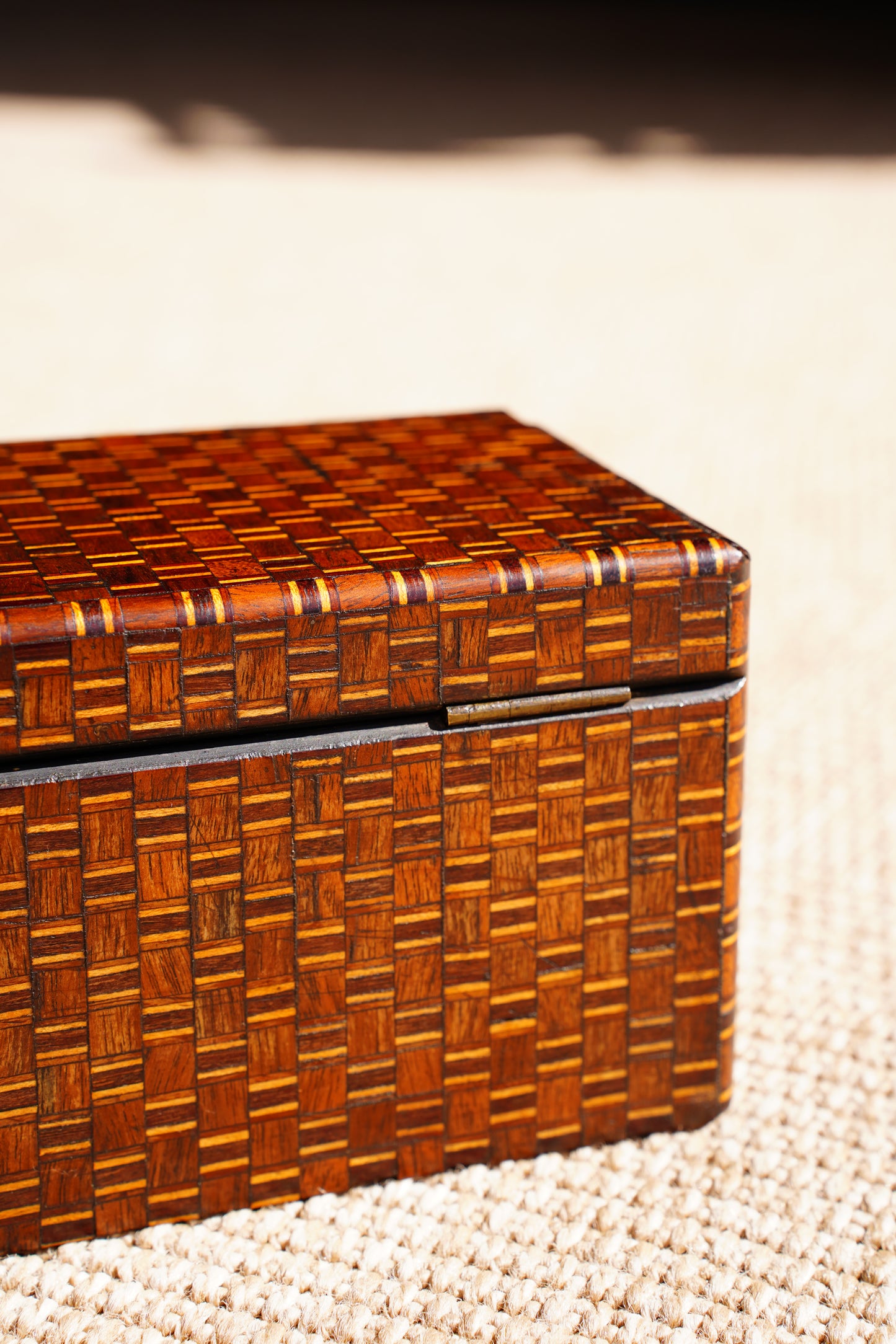 Antique Inlaid Wood Tea Caddy with Basket Weave Pattern, Circa 1880
