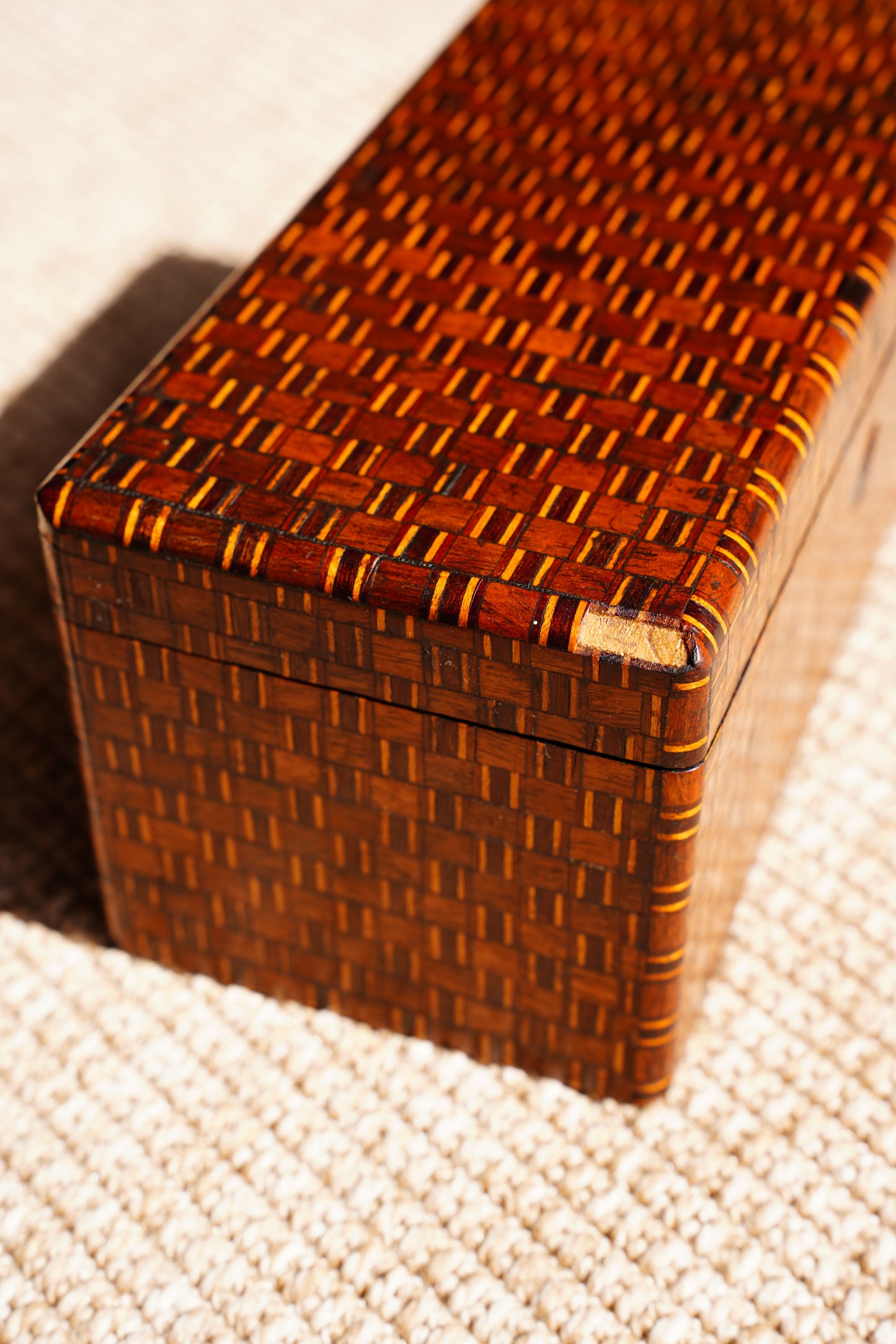 Antique Inlaid Wood Tea Caddy with Basket Weave Pattern, Circa 1880