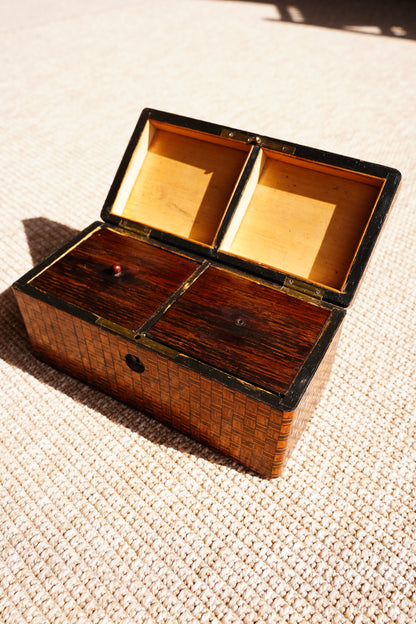 Antique Inlaid Wood Tea Caddy with Basket Weave Pattern, Circa 1880