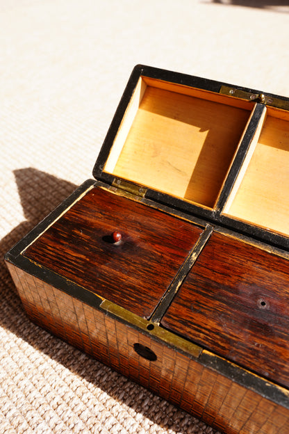 Antique Inlaid Wood Tea Caddy with Basket Weave Pattern, Circa 1880