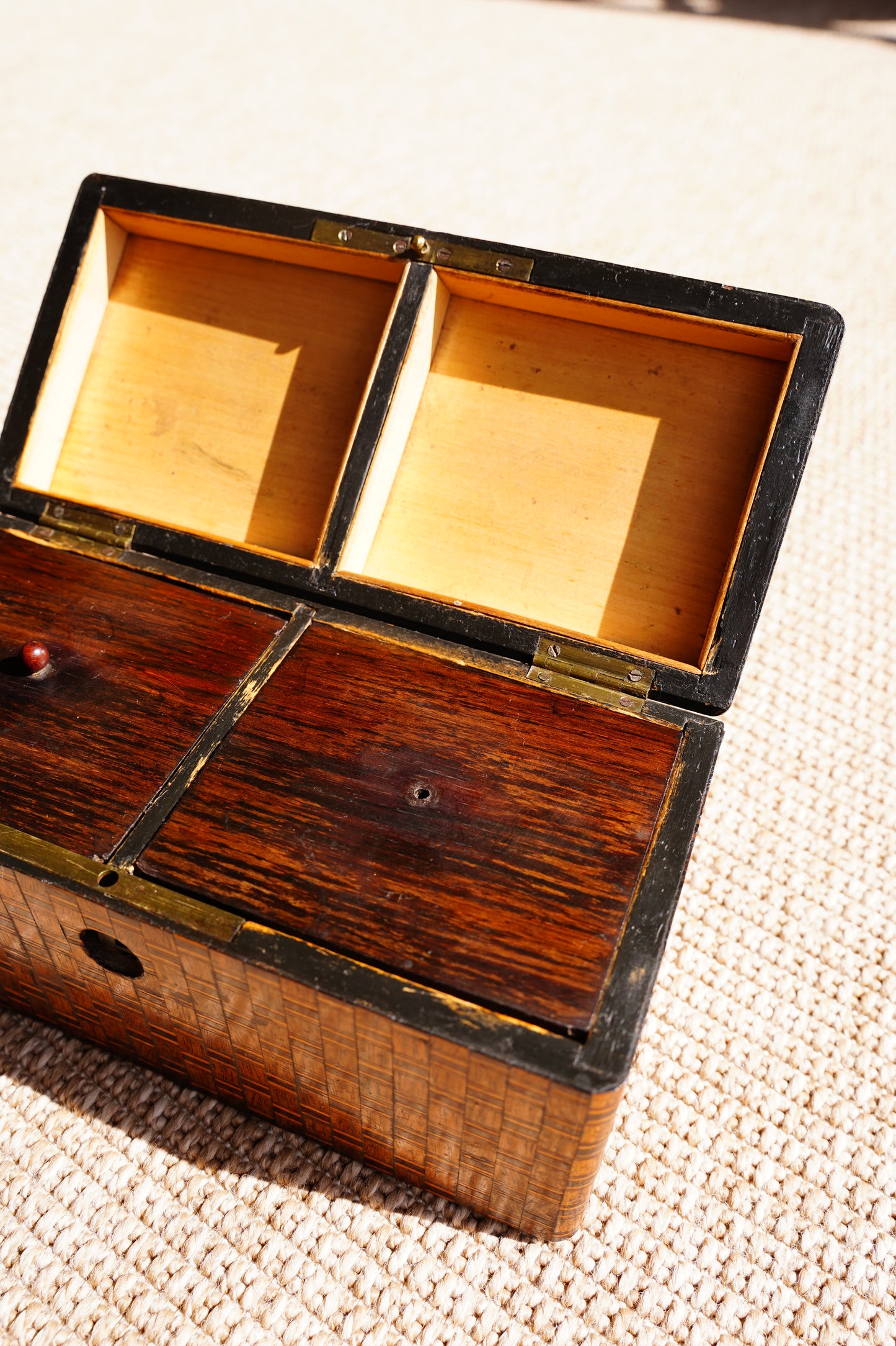 Antique Inlaid Wood Tea Caddy with Basket Weave Pattern, Circa 1880