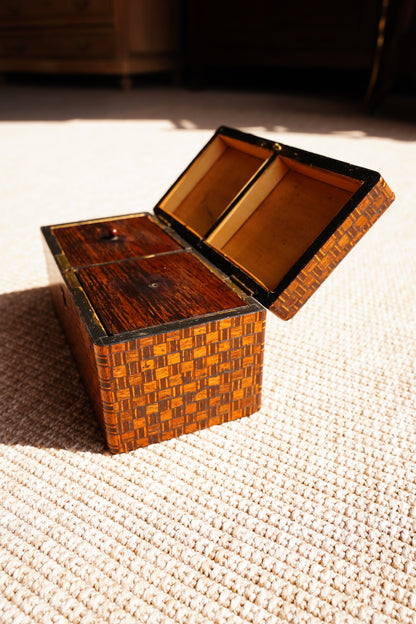 Antique Inlaid Wood Tea Caddy with Basket Weave Pattern, Circa 1880