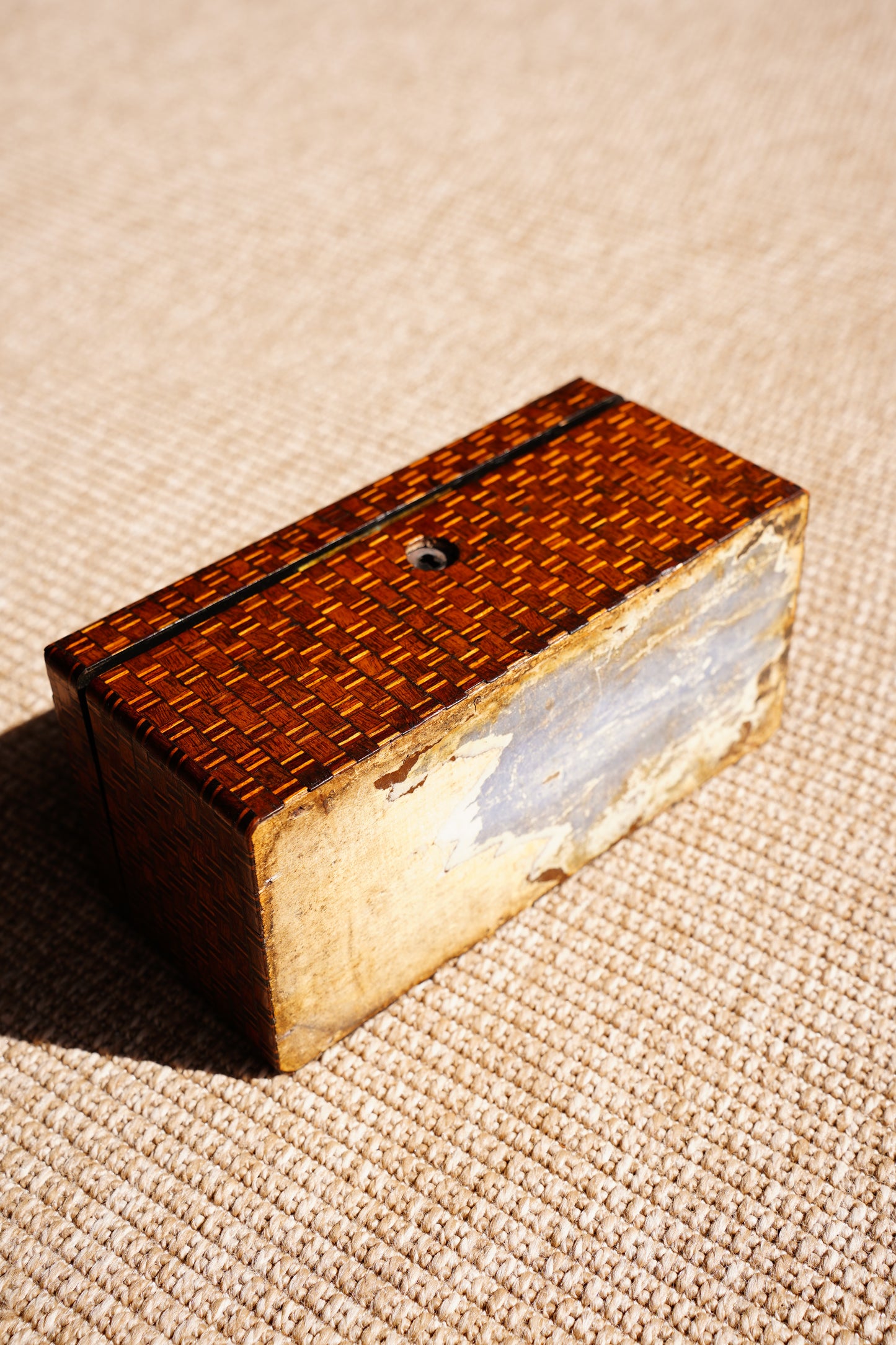 Antique Inlaid Wood Tea Caddy with Basket Weave Pattern, Circa 1880
