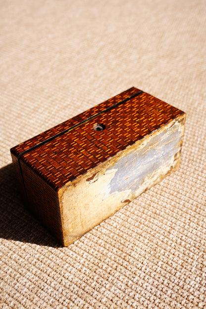 Antique Inlaid Wood Tea Caddy with Basket Weave Pattern, Circa 1880