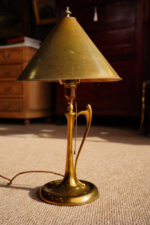 Art Nouveau Brass Table Lamp with Whiplash Handle and Brass Shade secondary view