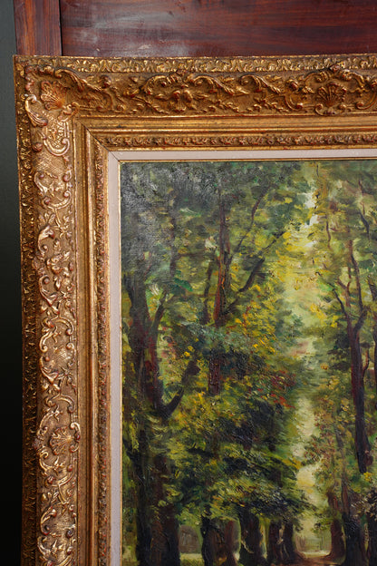 Vintage Signed Forest Path Oil Painting, Tree Lined Lane, 1949