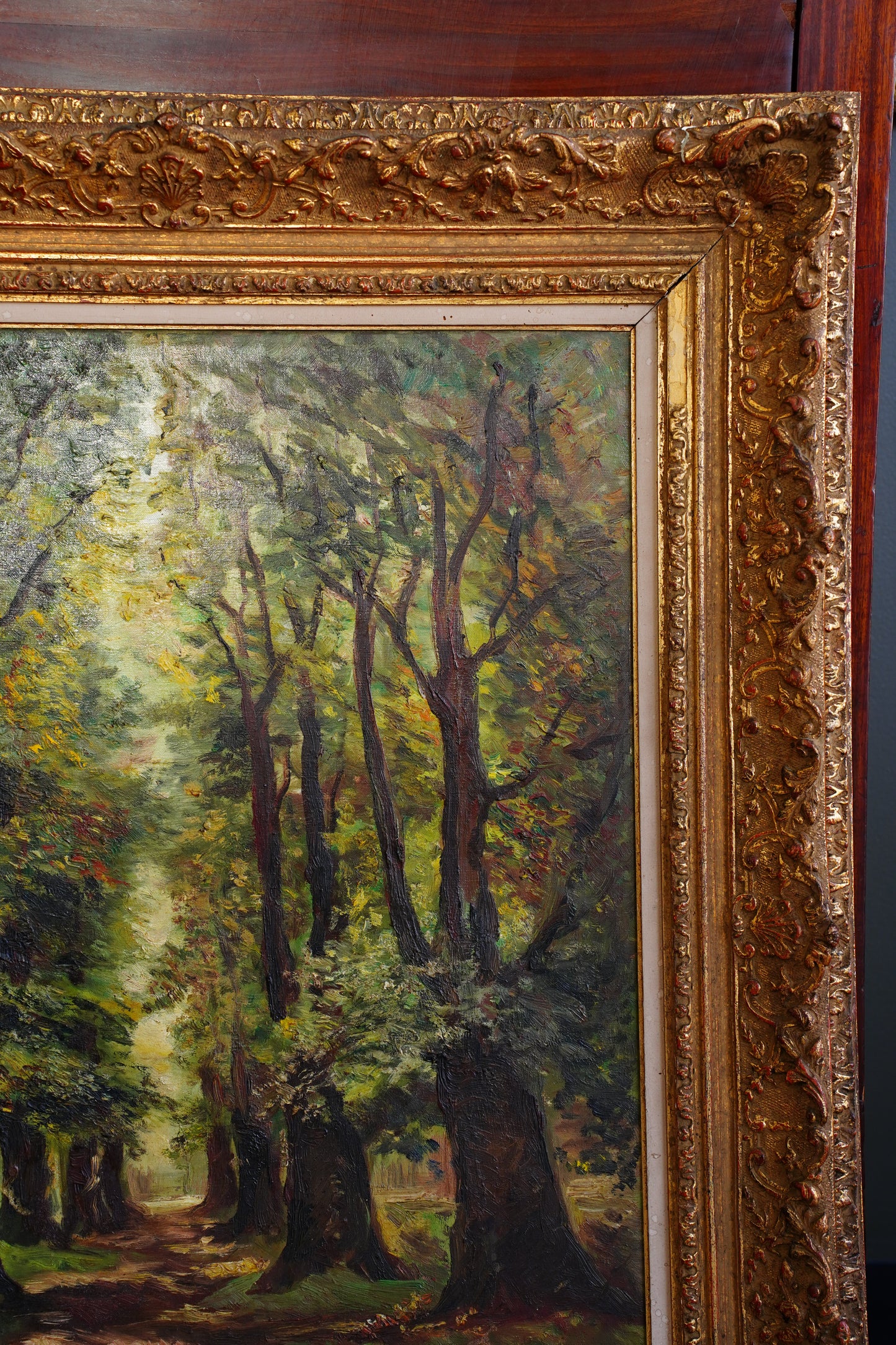 Vintage Signed Forest Path Oil Painting, Tree Lined Lane, 1949