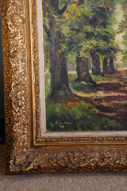 Vintage Signed Forest Path Oil Painting, Tree Lined Lane, 1949