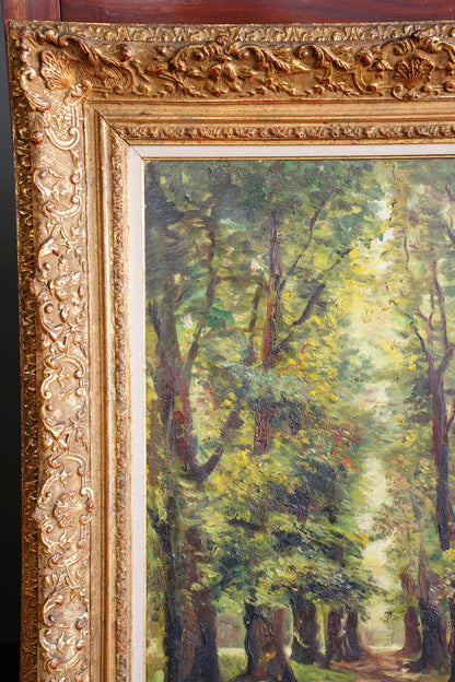 Vintage Signed Forest Path Oil Painting, Tree Lined Lane, 1949