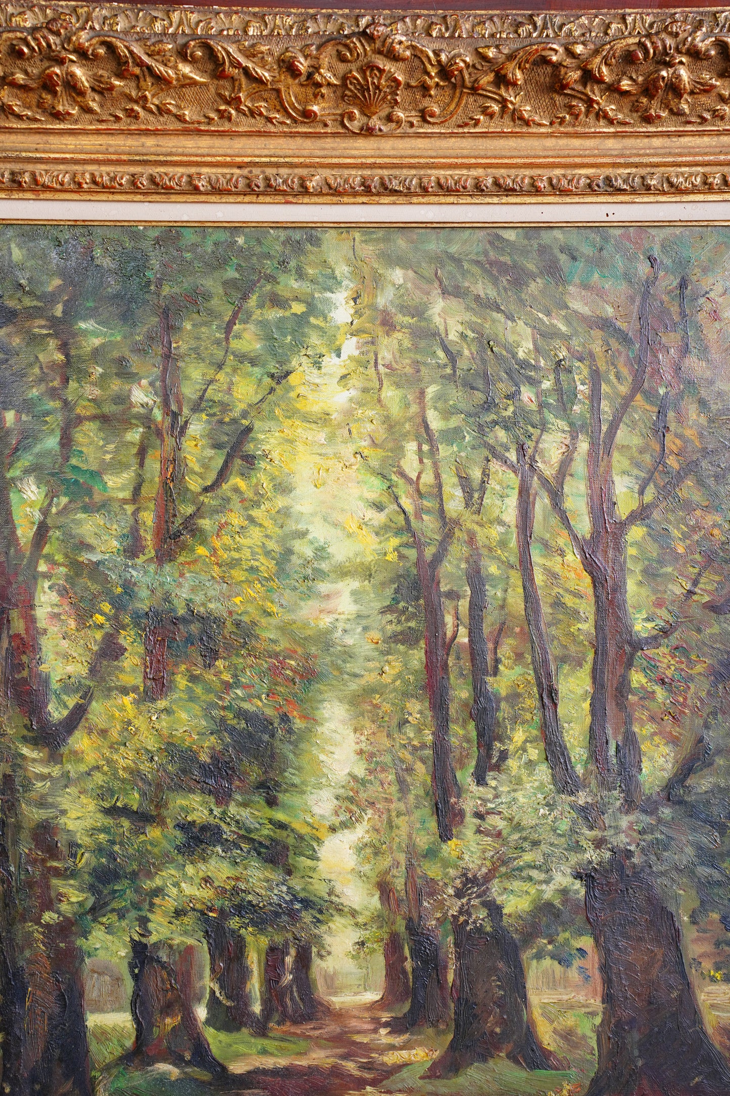 Vintage Signed Forest Path Oil Painting, Tree Lined Lane, 1949