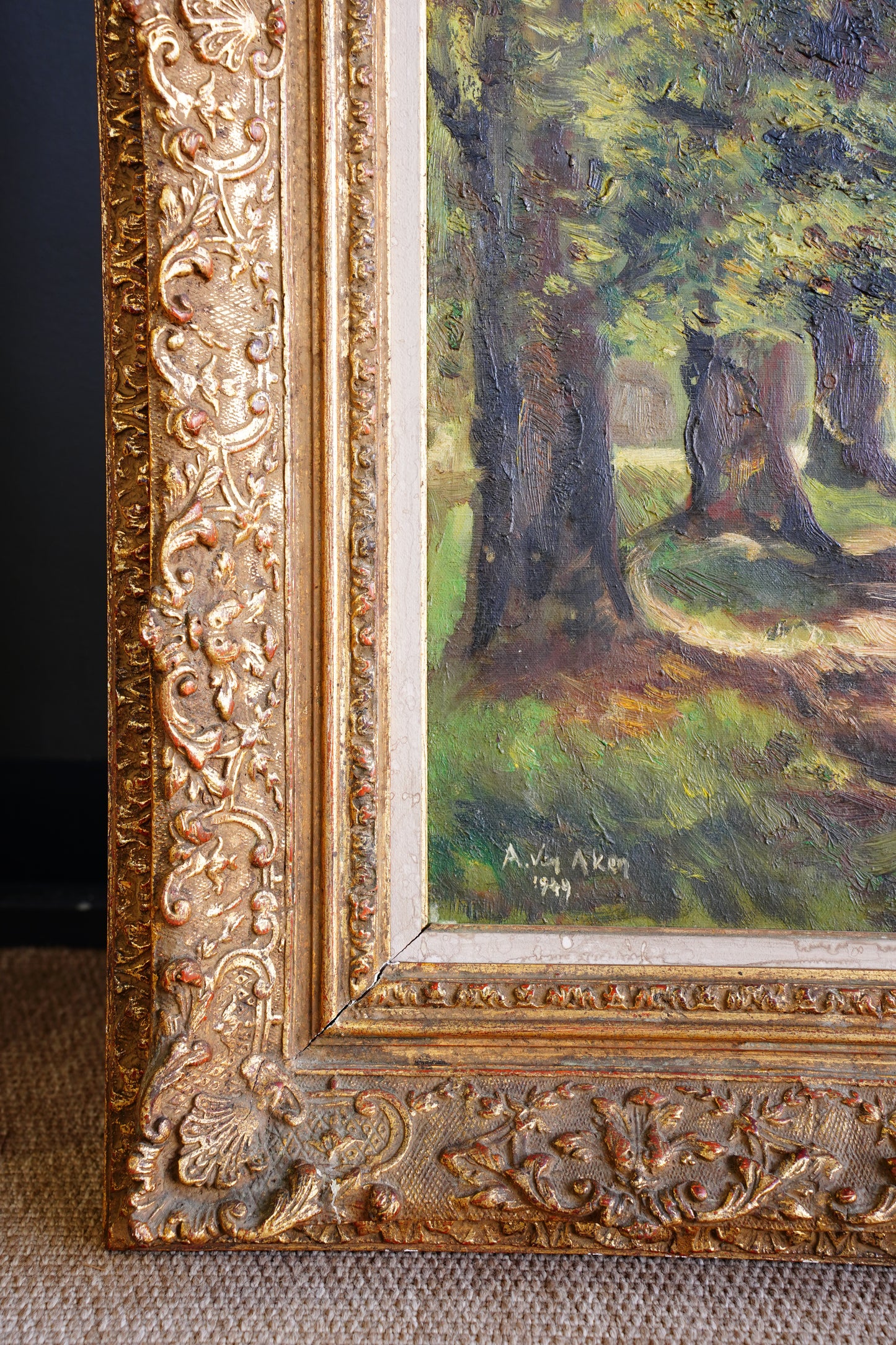 Vintage Signed Forest Path Oil Painting, Tree Lined Lane, 1949