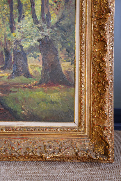 Vintage Signed Forest Path Oil Painting, Tree Lined Lane, 1949
