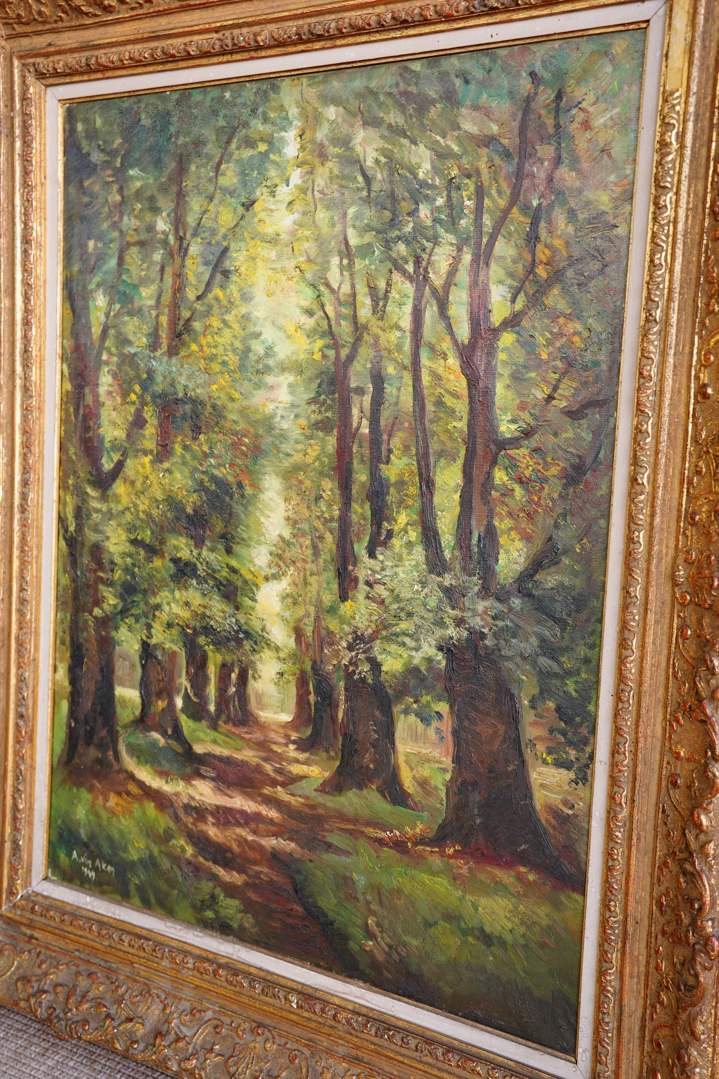 Vintage Signed Forest Path Oil Painting, Tree Lined Lane, 1949