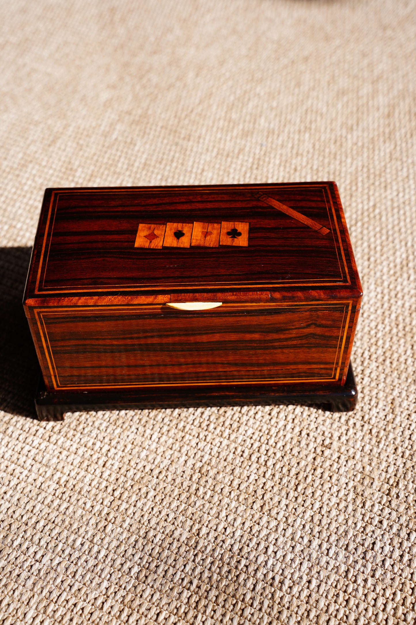 Antique Inlaid Wood Poker and Card Box with Card Suit Lid