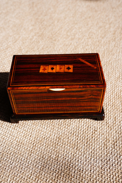 Antique Inlaid Wood Poker and Card Box with Card Suit Lid