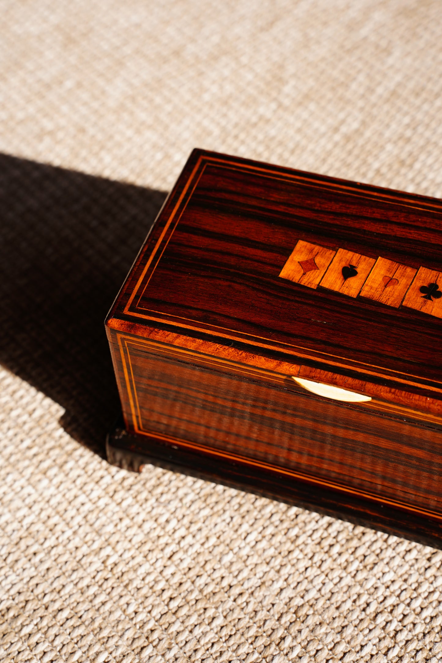 Antique Inlaid Wood Poker and Card Box with Card Suit Lid